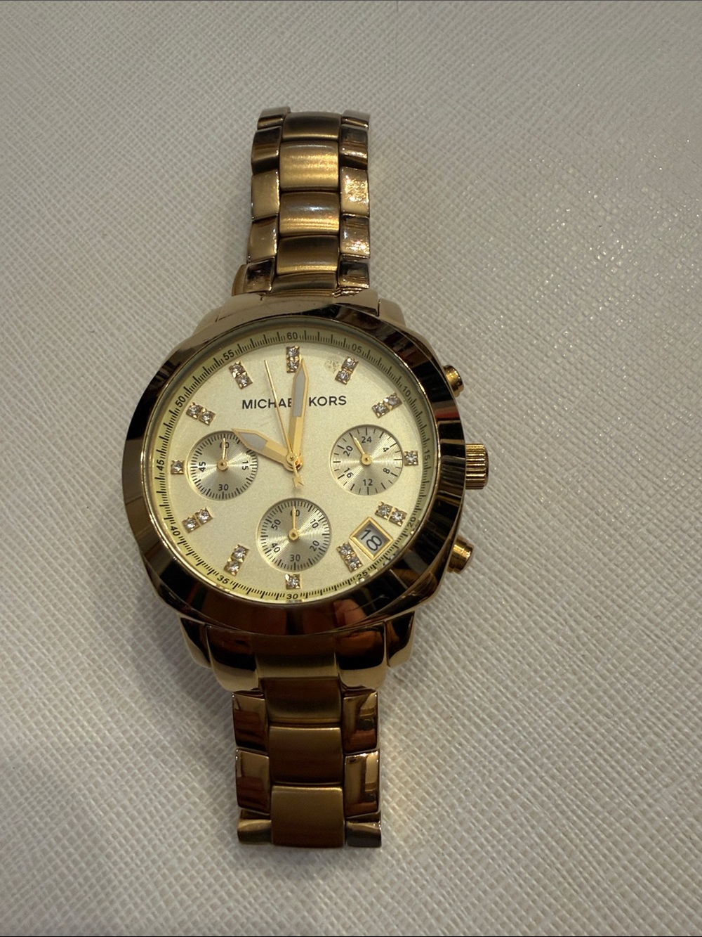 Michael Kors Gold Tone Bracelet Chronograph Watch with Crystal Accents